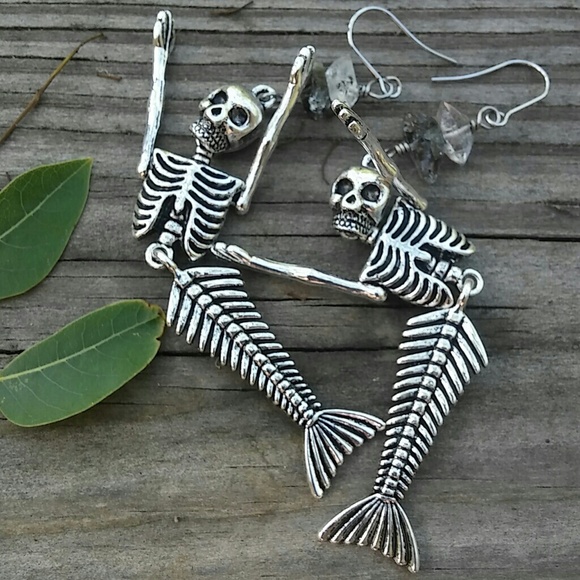 Herkimer Goth Skeleton Mermaid Earrings - Picture 3 of 6